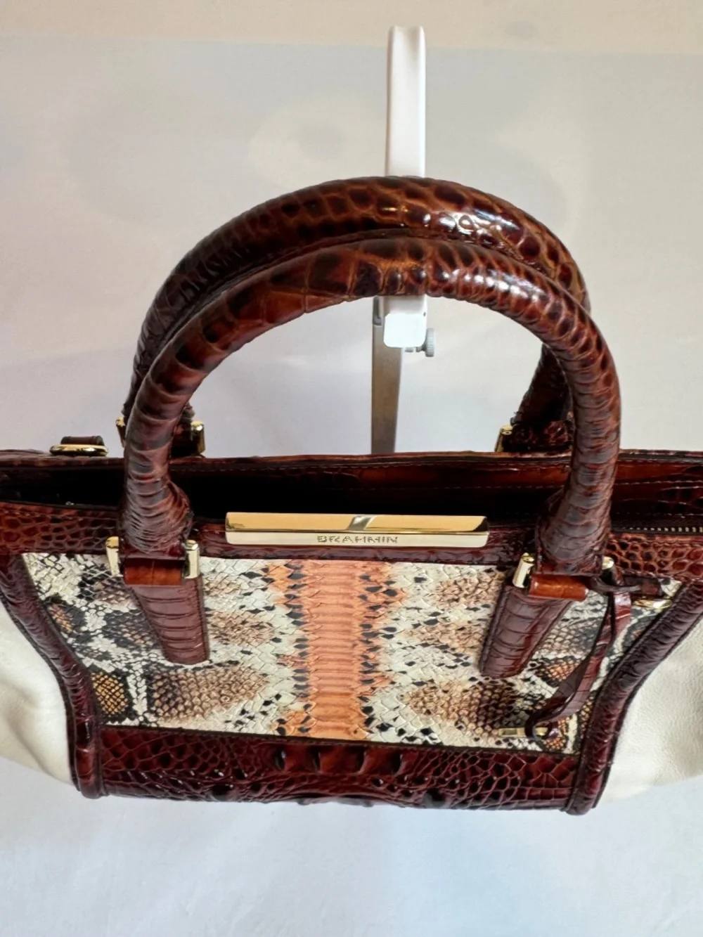 Brahmin Satchel Handbag Snakeskin Leather Trim Mini Asher Melbourne Hemlock